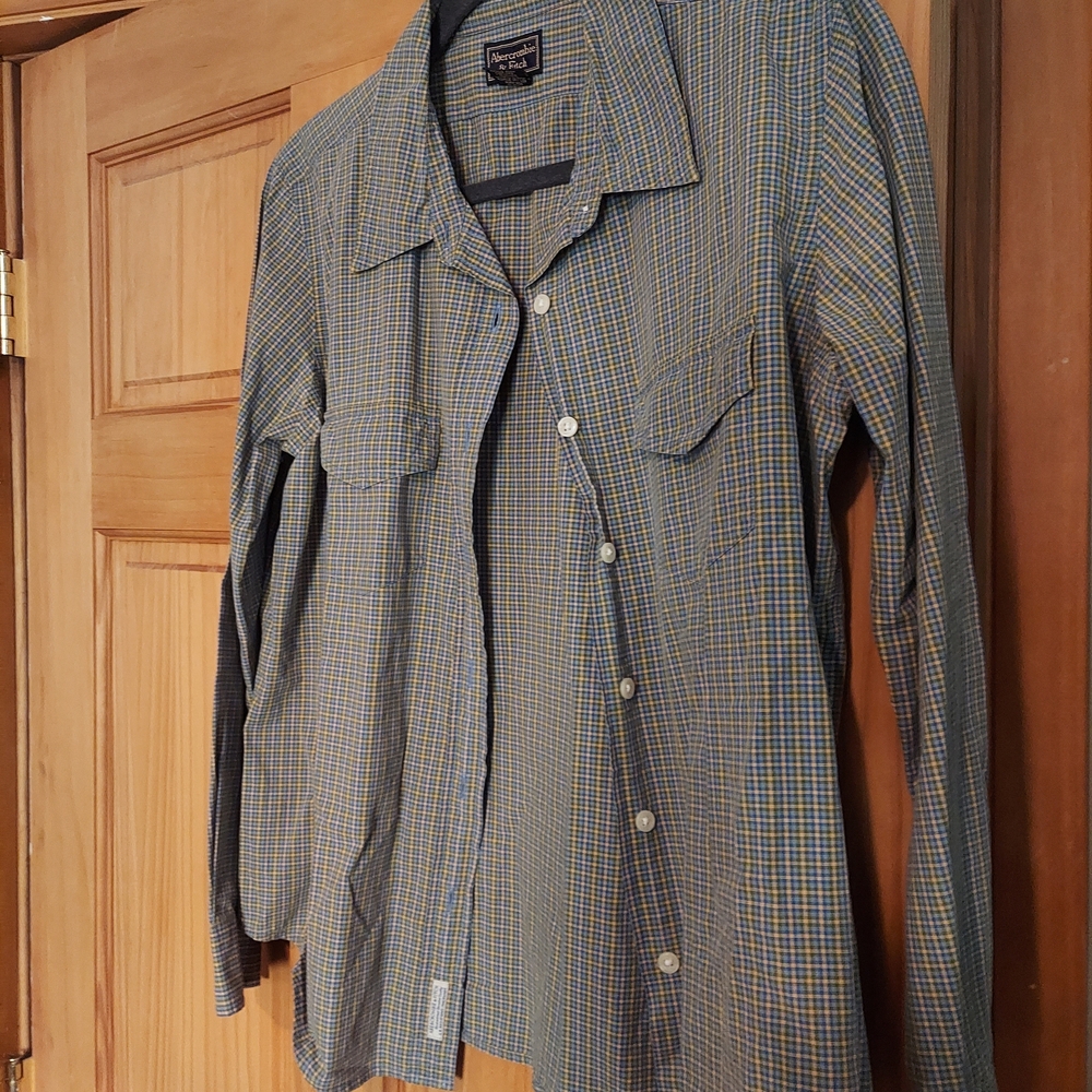 Abercrombie & Fitch Womens Blue and Yellow Plaid Button-Up Shirt Size Large
